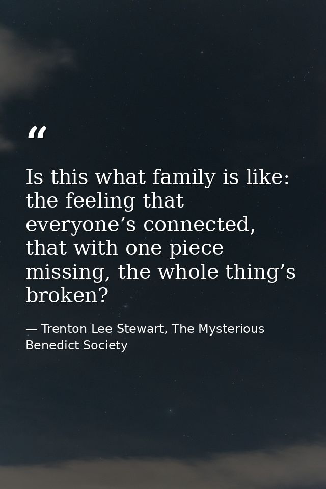 Is this what family is like: the feeling that everyone’s connected, that with one piece missing, the whole thing’s broke — Trenton Lee Stewart, The Mysterious Benedict Society