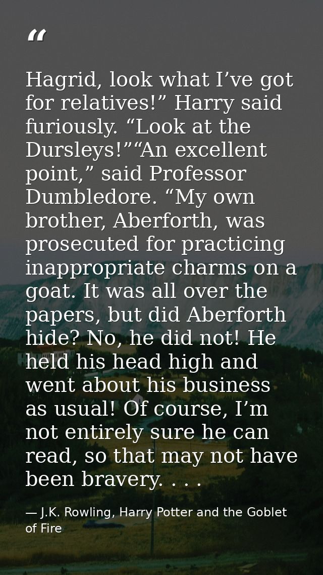 Hagrid, look what I’ve got for relatives!” Harry said furiously. “Look at the Dursleys!”“An excellent point,” said Profe — J.K. Rowling, Harry Potter and the Goblet of Fire
