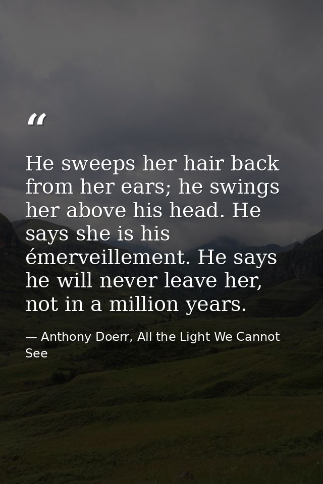 He sweeps her hair back from her ears; he swings her above his head. He says she is his émerveillement. He says he will  — Anthony Doerr, All the Light We Cannot See