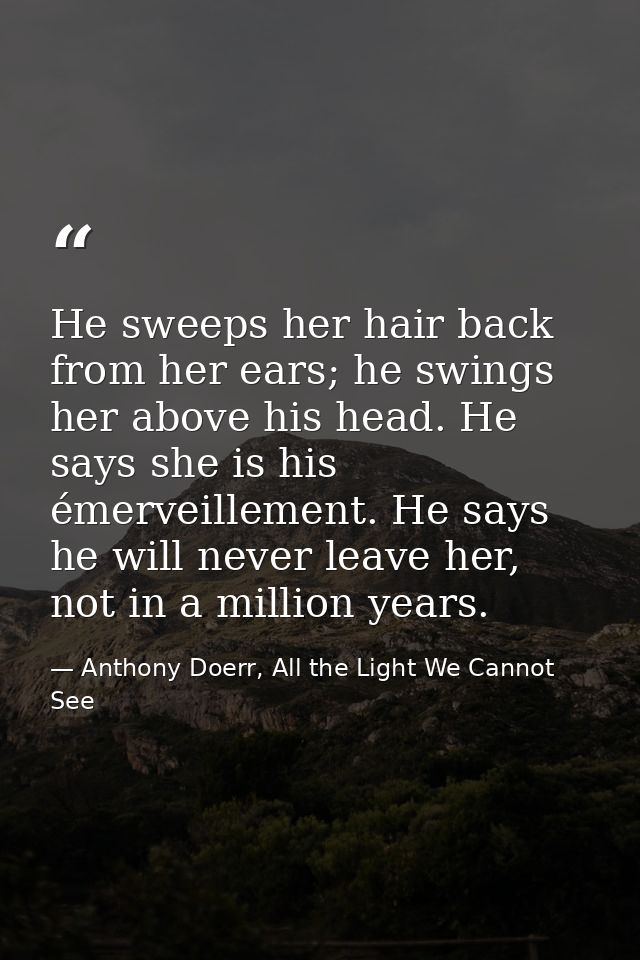He sweeps her hair back from her ears; he swings her above his head. He says she is his émerveillement. He says he will  — Anthony Doerr, All the Light We Cannot See