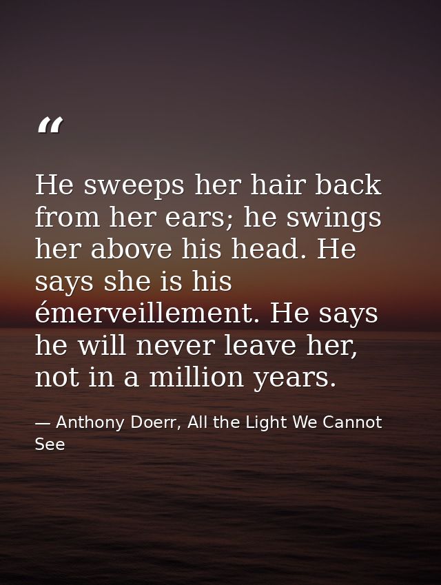 He sweeps her hair back from her ears; he swings her above his head. He says she is his émerveillement. He says he will  — Anthony Doerr, All the Light We Cannot See