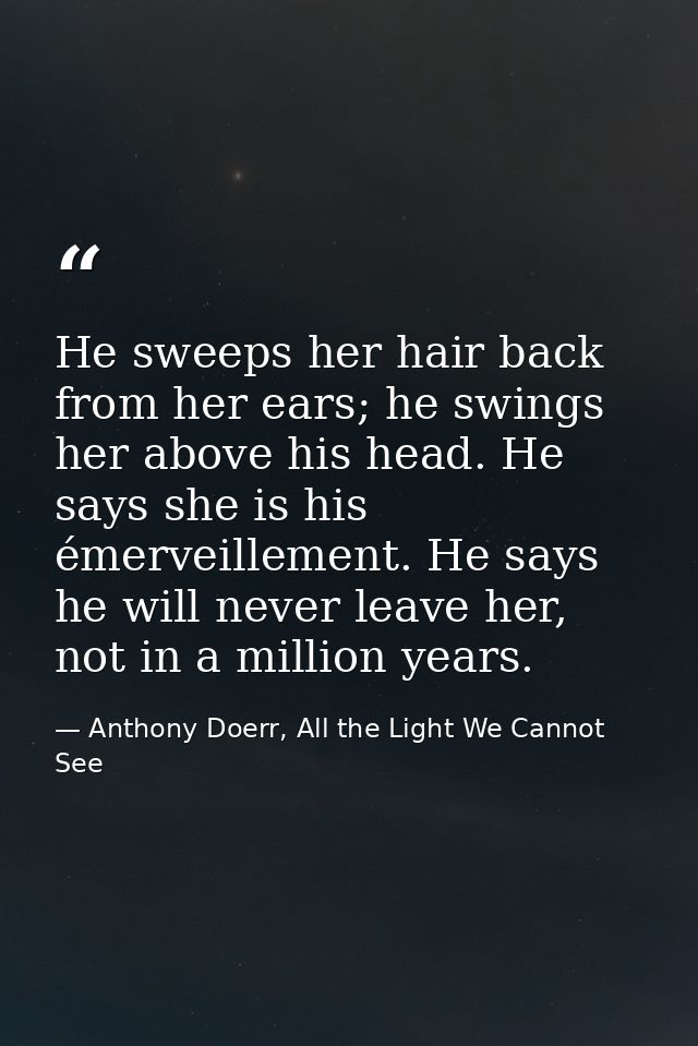 He sweeps her hair back from her ears; he swings her above his head. He says she is his émerveillement. He says he will  — Anthony Doerr, All the Light We Cannot See