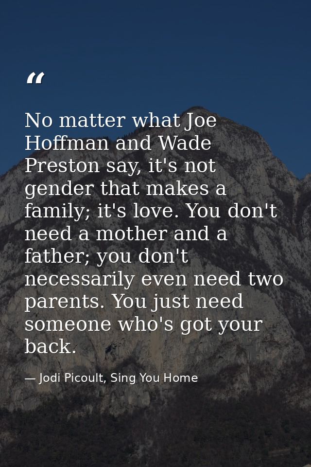 No matter what Joe Hoffman and Wade Preston say, it's not gender that makes a family; it's love. You don't need a mother — Jodi Picoult, Sing You Home