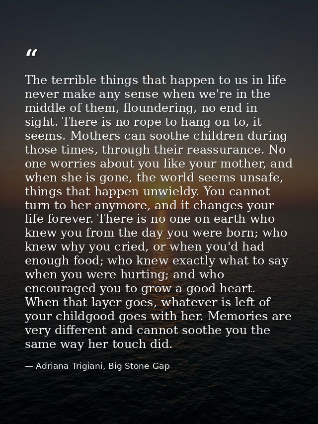The terrible things that happen to us in life never make any sense when we're in the middle of them, floundering, no end — Adriana Trigiani, Big Stone Gap