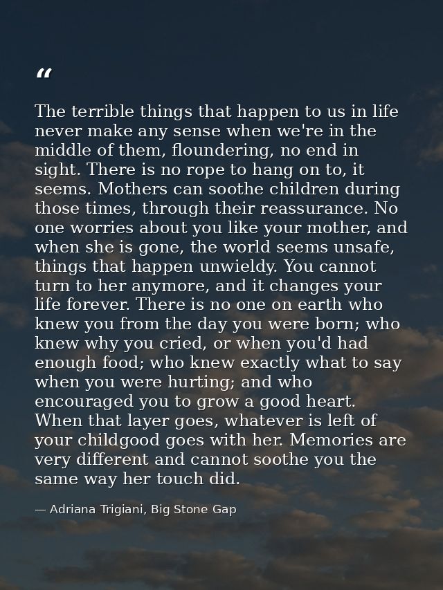 The terrible things that happen to us in life never make any sense when we're in the middle of them, floundering, no end — Adriana Trigiani, Big Stone Gap
