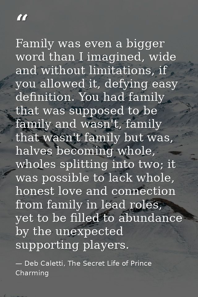 Family was even a bigger word than I imagined, wide and without limitations, if you allowed it, defying easy definition. — Deb Caletti, The Secret Life of Prince Charming