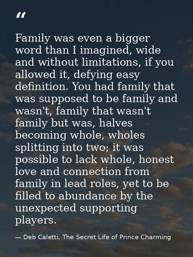 Family was even a bigger word than I imagined, wide and without limitations, if you allowed it, defying easy definition. — Deb Caletti, The Secret Life of Prince Charming
