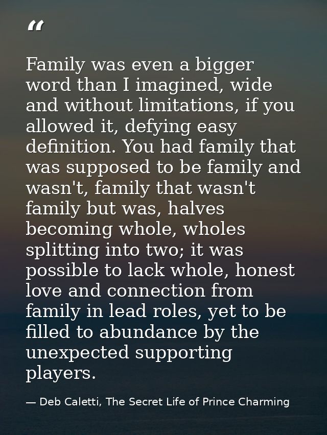 Family was even a bigger word than I imagined, wide and without limitations, if you allowed it, defying easy definition. — Deb Caletti, The Secret Life of Prince Charming