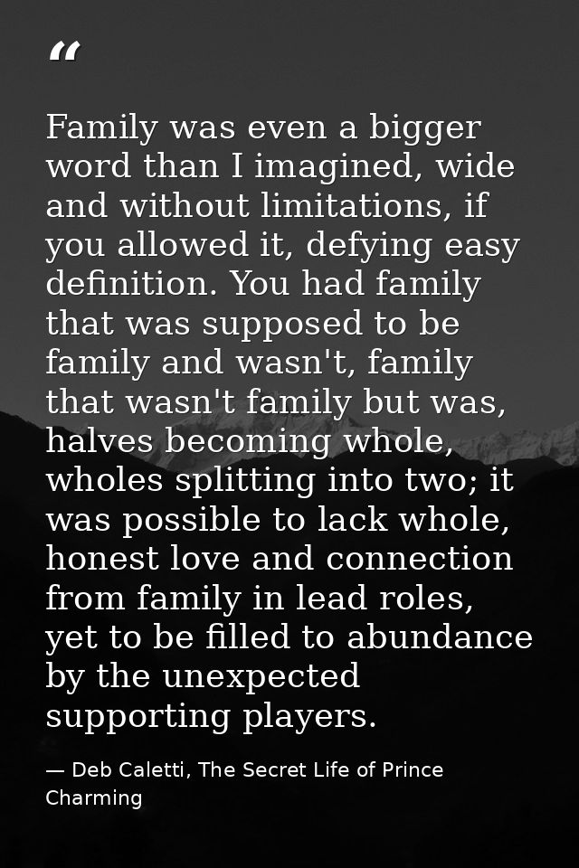 Family was even a bigger word than I imagined, wide and without limitations, if you allowed it, defying easy definition. — Deb Caletti, The Secret Life of Prince Charming