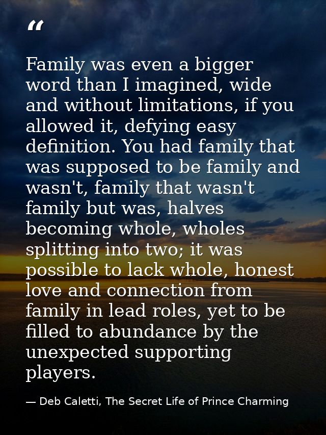 Family was even a bigger word than I imagined, wide and without limitations, if you allowed it, defying easy definition. — Deb Caletti, The Secret Life of Prince Charming