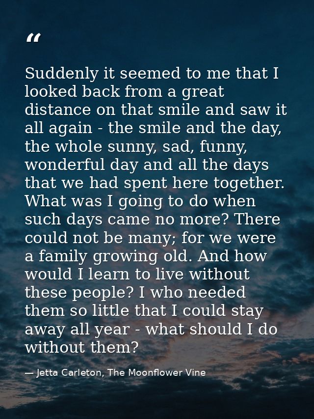 Suddenly it seemed to me that I looked back from a great distance on that smile and saw it all again - the smile and the — Jetta Carleton, The Moonflower Vine