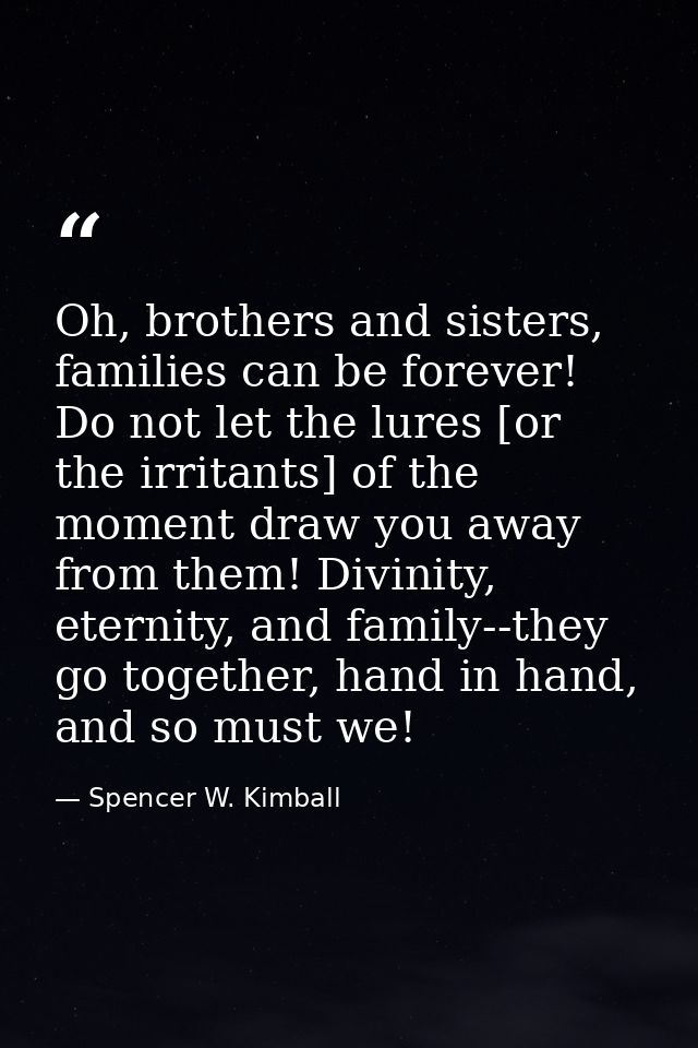 Oh, brothers and sisters, families can be forever! Do not let the lures [or the irritants] of the moment draw you away f — Spencer W. Kimball