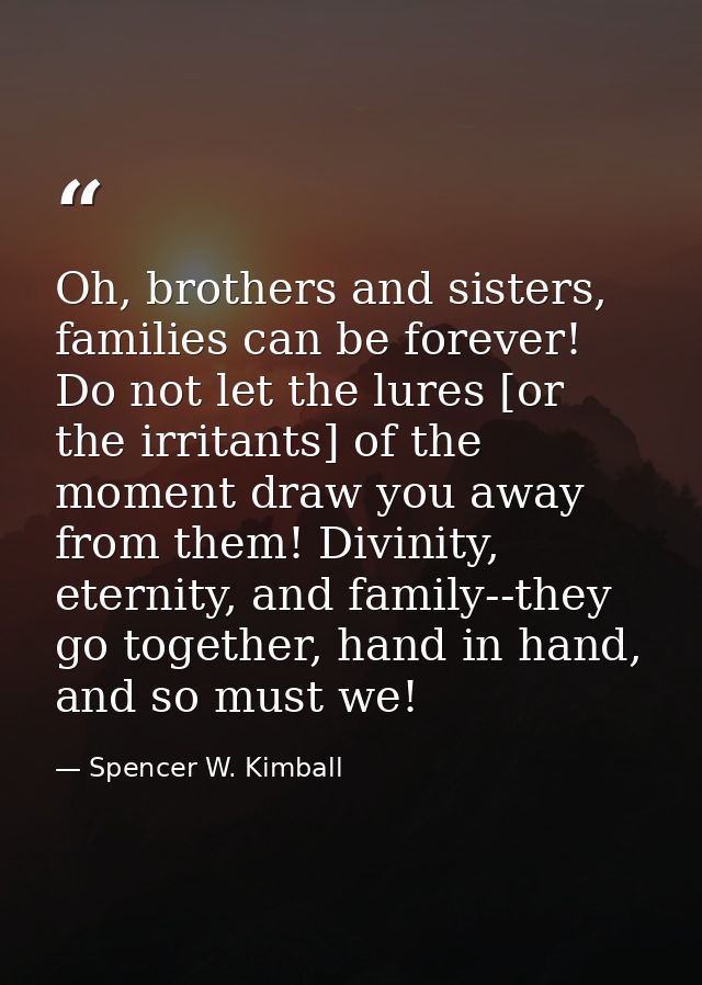 Oh, brothers and sisters, families can be forever! Do not let the lures [or the irritants] of the moment draw you away f — Spencer W. Kimball
