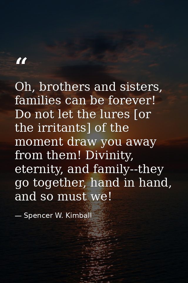 Oh, brothers and sisters, families can be forever! Do not let the lures [or the irritants] of the moment draw you away f — Spencer W. Kimball