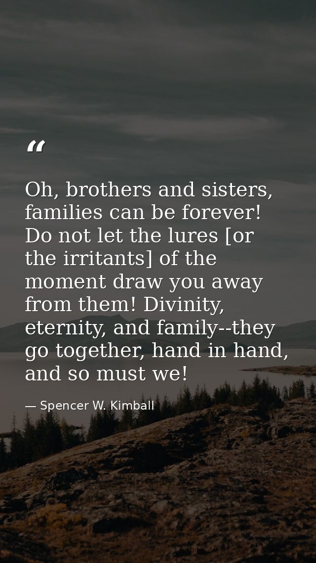 Oh, brothers and sisters, families can be forever! Do not let the lures [or the irritants] of the moment draw you away f — Spencer W. Kimball