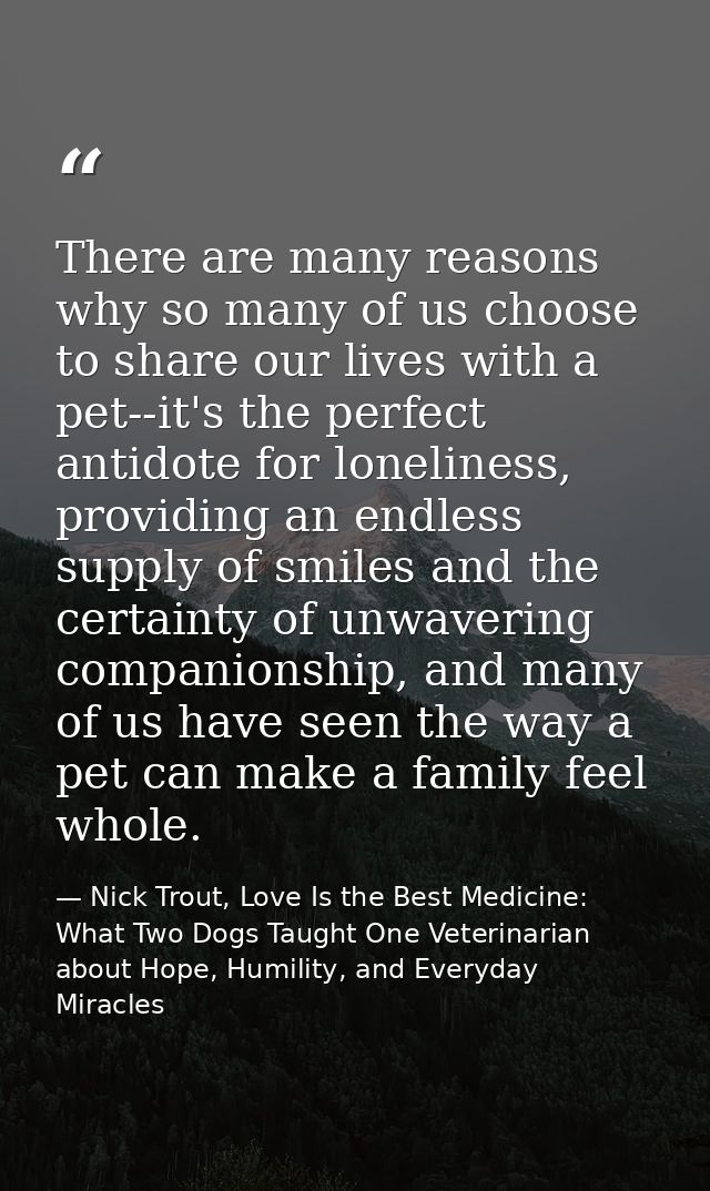 There are many reasons why so many of us choose to share our lives with a pet--it's the perfect antidote for loneliness, — Nick Trout, Love Is the Best Medicine: What Two Dogs Taught One Veterinarian about Hope, Humility, and Everyday Miracles
