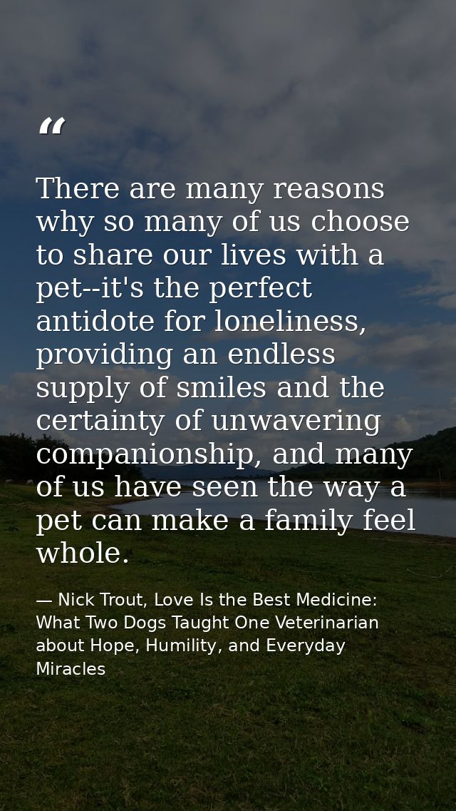 There are many reasons why so many of us choose to share our lives with a pet--it's the perfect antidote for loneliness, — Nick Trout, Love Is the Best Medicine: What Two Dogs Taught One Veterinarian about Hope, Humility, and Everyday Miracles