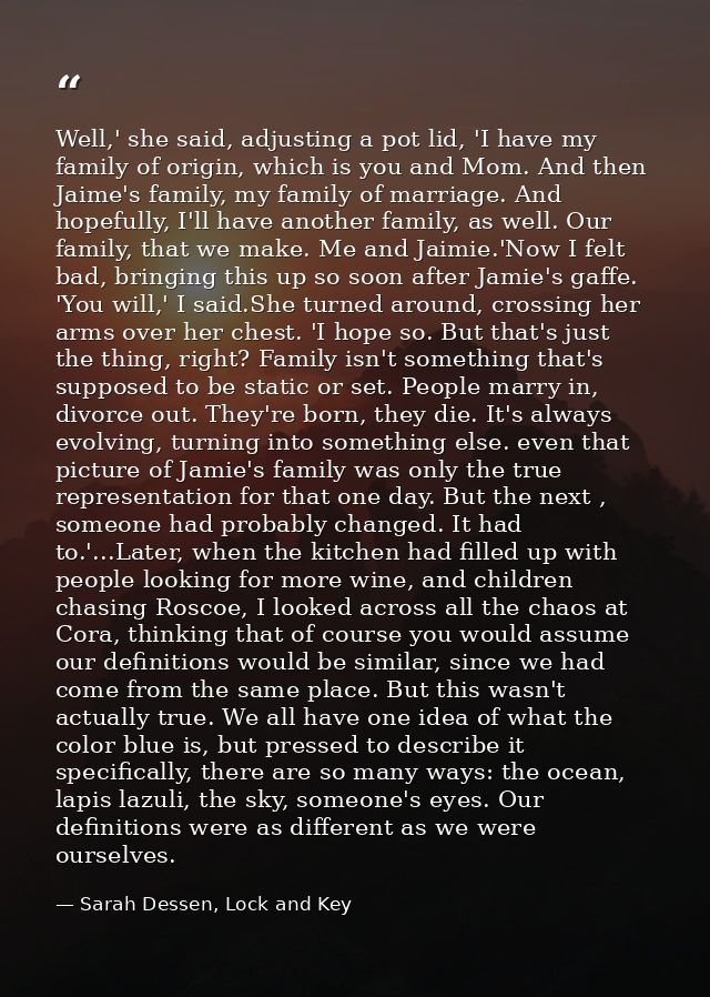 Well,' she said, adjusting a pot lid, 'I have my family of origin, which is you and Mom. And then Jaime's family, my fam — Sarah Dessen, Lock and Key