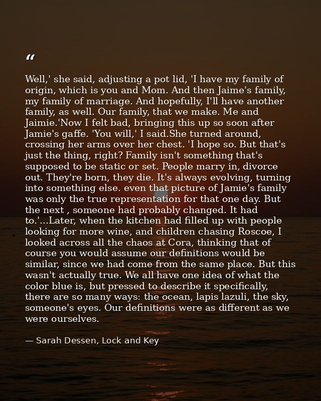Well,' she said, adjusting a pot lid, 'I have my family of origin, which is you and Mom. And then Jaime's family, my fam — Sarah Dessen, Lock and Key