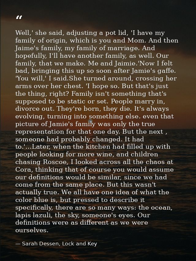 Well,' she said, adjusting a pot lid, 'I have my family of origin, which is you and Mom. And then Jaime's family, my fam — Sarah Dessen, Lock and Key