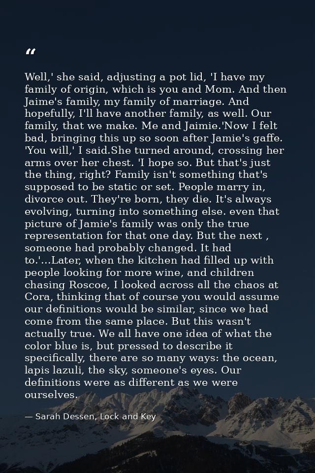 Well,' she said, adjusting a pot lid, 'I have my family of origin, which is you and Mom. And then Jaime's family, my fam — Sarah Dessen, Lock and Key