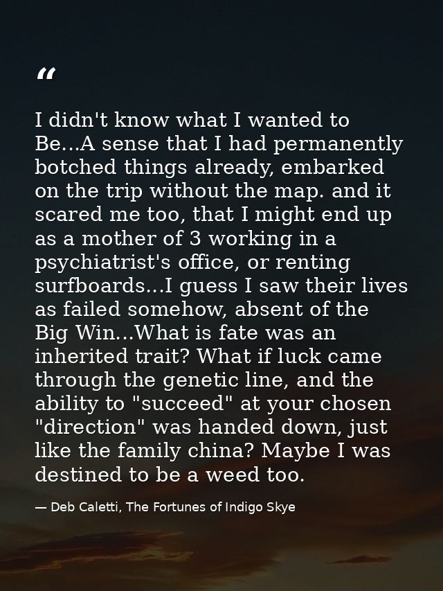 I didn't know what I wanted to Be...A sense that I had permanently botched things already, embarked on the trip without  — Deb Caletti, The Fortunes of Indigo Skye