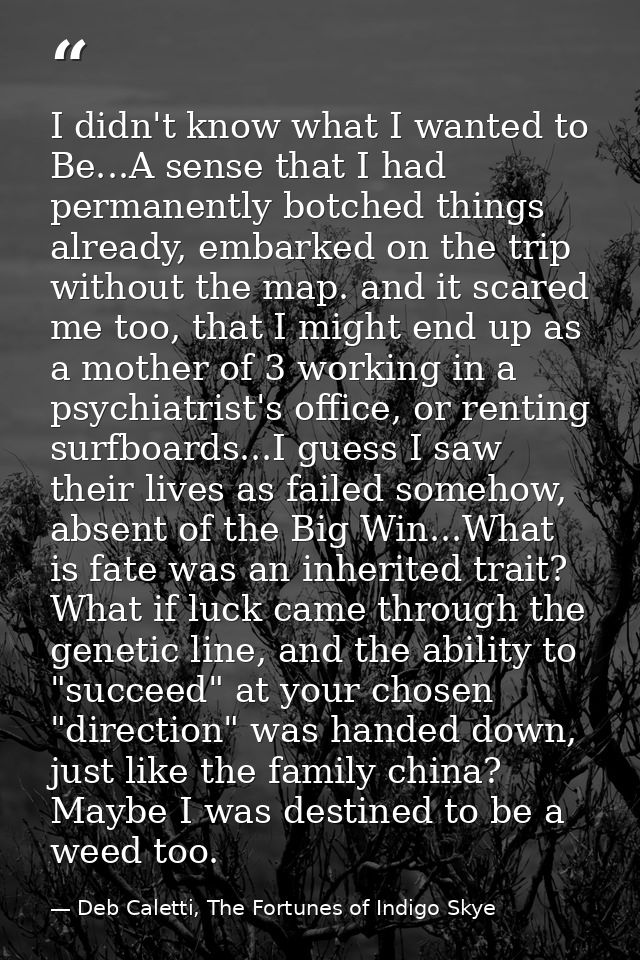 I didn't know what I wanted to Be...A sense that I had permanently botched things already, embarked on the trip without  — Deb Caletti, The Fortunes of Indigo Skye
