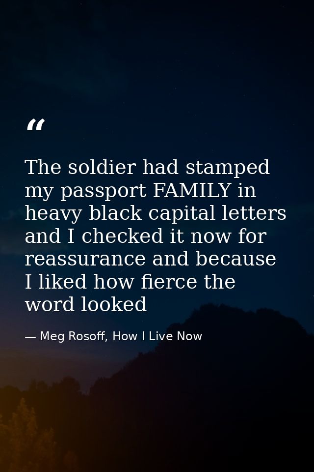 The soldier had stamped my passport FAMILY in heavy black capital letters and I checked it now for reassurance and becau — Meg Rosoff, How I Live Now