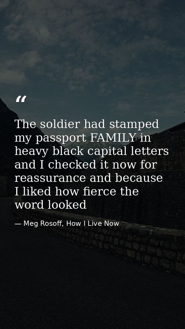 The soldier had stamped my passport FAMILY in heavy black capital letters and I checked it now for reassurance and becau — Meg Rosoff, How I Live Now