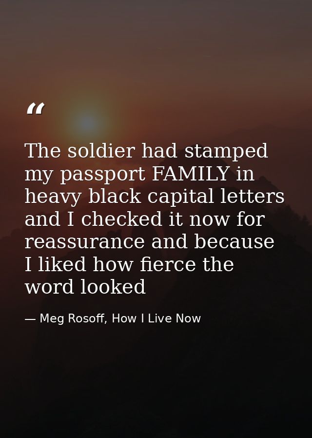 The soldier had stamped my passport FAMILY in heavy black capital letters and I checked it now for reassurance and becau — Meg Rosoff, How I Live Now