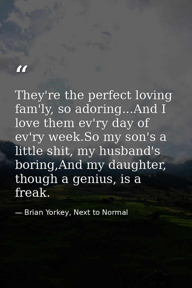 They're the perfect loving fam'ly, so adoring...And I love them ev'ry day of ev'ry week.So my son's a little shit, my hu — Brian Yorkey, Next to Normal
