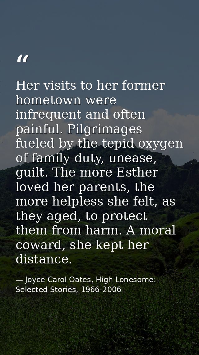 Her visits to her former hometown were infrequent and often painful. Pilgrimages fueled by the tepid oxygen of family du — Joyce Carol Oates, High Lonesome: Selected Stories, 1966-2006