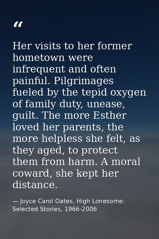 Her visits to her former hometown were infrequent and often painful. Pilgrimages fueled by the tepid oxygen of family du — Joyce Carol Oates, High Lonesome: Selected Stories, 1966-2006