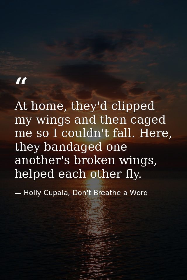 At home, they'd clipped my wings and then caged me so I couldn't fall. Here, they bandaged one another's broken wings, h — Holly Cupala, Don't Breathe a Word