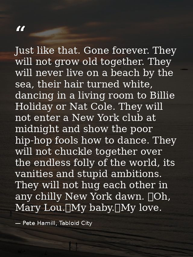 Just like that. Gone forever. They will not grow old together. They will never live on a beach by the sea, their hair tu — Pete Hamill, Tabloid City