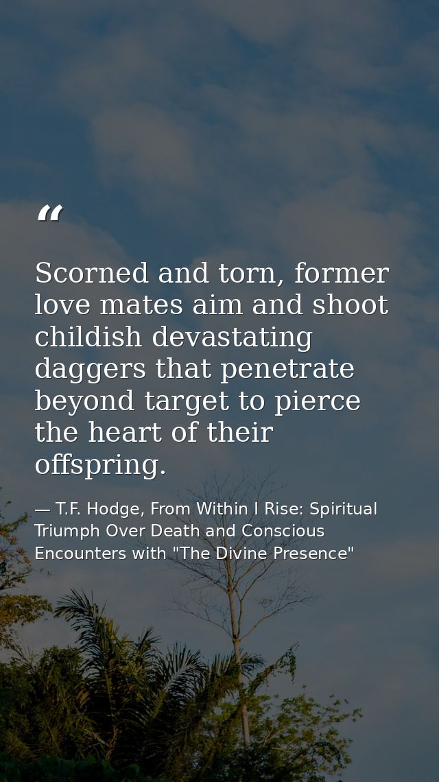 Scorned and torn, former love mates aim and shoot childish devastating daggers that penetrate beyond target to pierce th — T.F. Hodge, From Within I Rise: Spiritual Triumph Over Death and Conscious Encounters with "The Divine Presence"