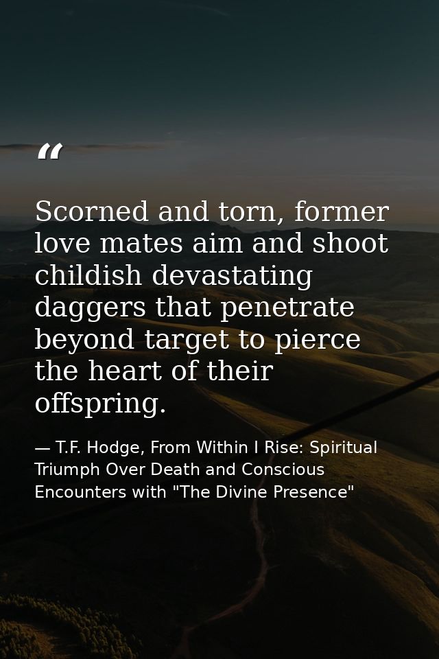Scorned and torn, former love mates aim and shoot childish devastating daggers that penetrate beyond target to pierce th — T.F. Hodge, From Within I Rise: Spiritual Triumph Over Death and Conscious Encounters with "The Divine Presence"