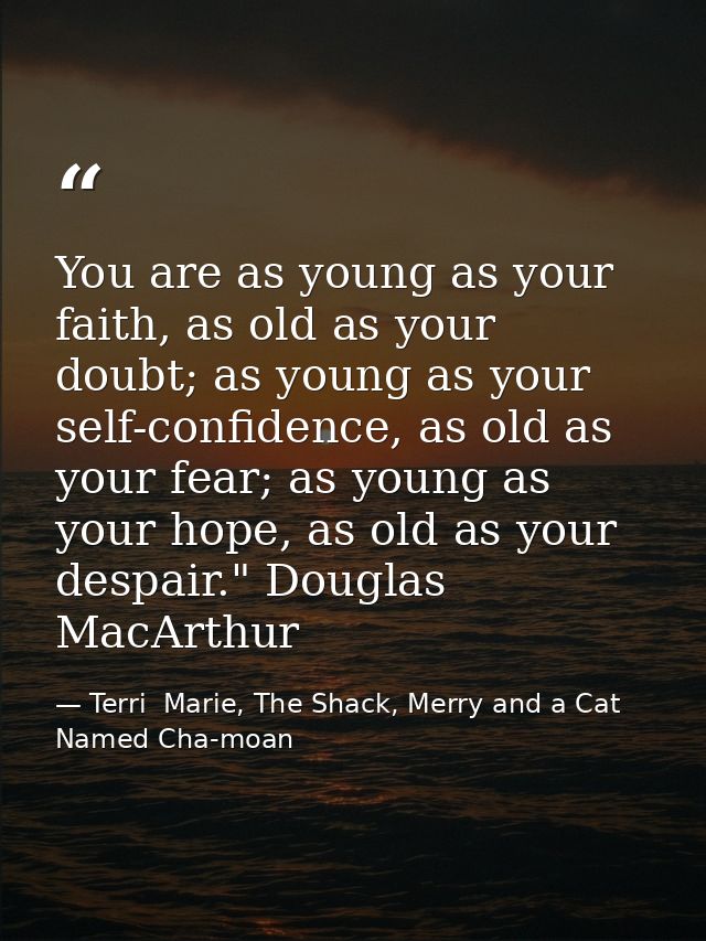 You are as young as your faith, as old as your doubt; as young as your self-confidence, as old as your fear; as young as — Terri  Marie, The Shack, Merry and a Cat Named Cha-moan