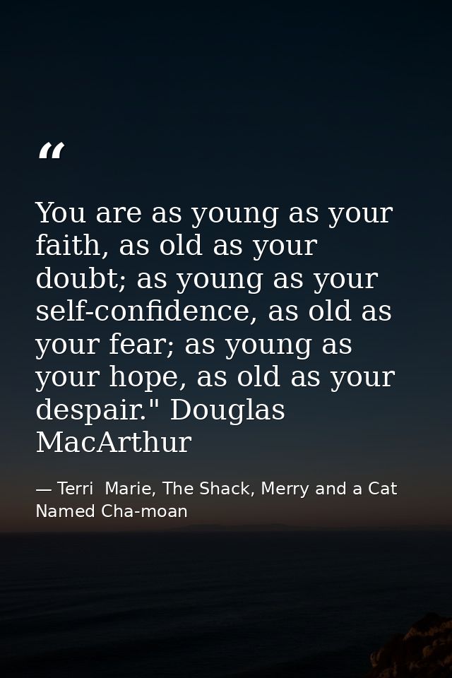 You are as young as your faith, as old as your doubt; as young as your self-confidence, as old as your fear; as young as — Terri  Marie, The Shack, Merry and a Cat Named Cha-moan