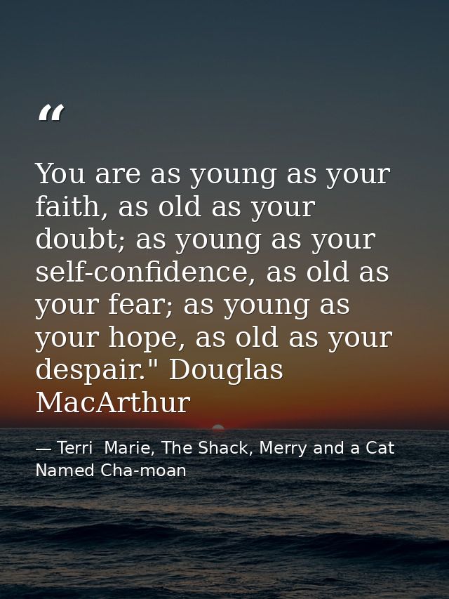 You are as young as your faith, as old as your doubt; as young as your self-confidence, as old as your fear; as young as — Terri  Marie, The Shack, Merry and a Cat Named Cha-moan
