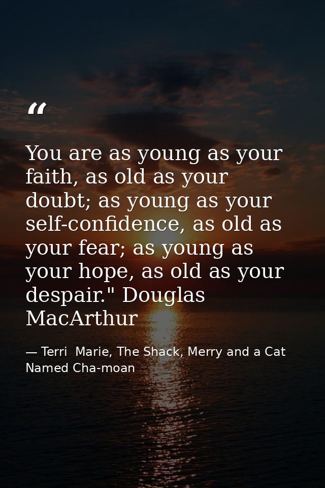 You are as young as your faith, as old as your doubt; as young as your self-confidence, as old as your fear; as young as — Terri  Marie, The Shack, Merry and a Cat Named Cha-moan