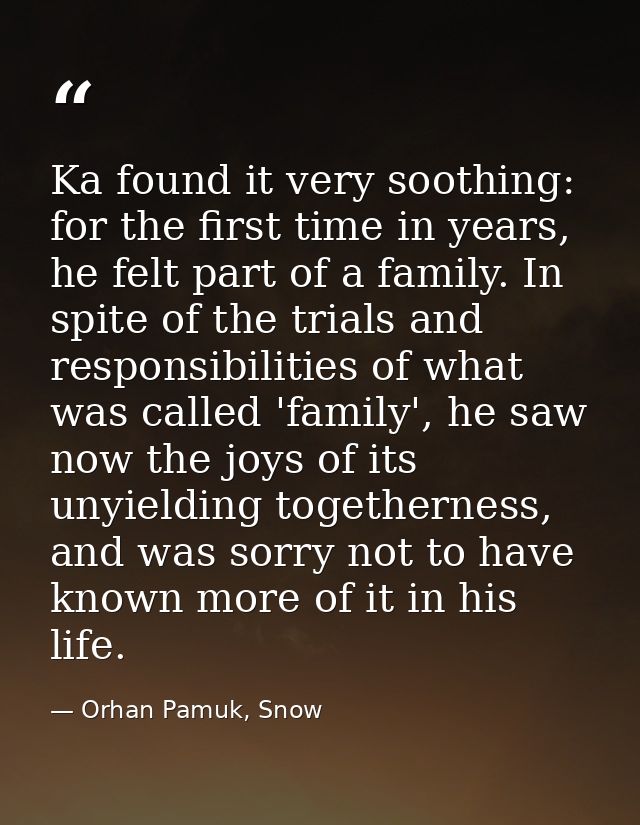 Ka found it very soothing: for the first time in years, he felt part of a family. In spite of the trials and responsibil — Orhan Pamuk, Snow