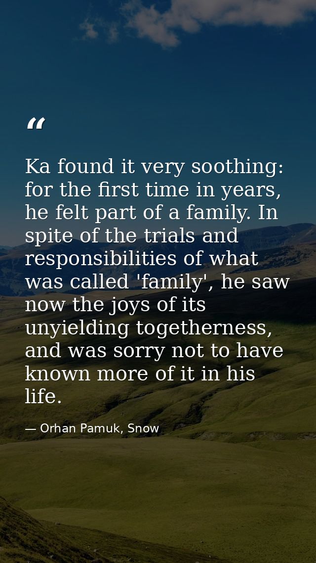 Ka found it very soothing: for the first time in years, he felt part of a family. In spite of the trials and responsibil — Orhan Pamuk, Snow