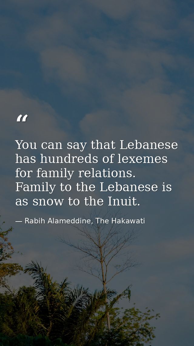 You can say that Lebanese has hundreds of lexemes for family relations. Family to the Lebanese is as snow to the Inuit. — Rabih Alameddine, The Hakawati