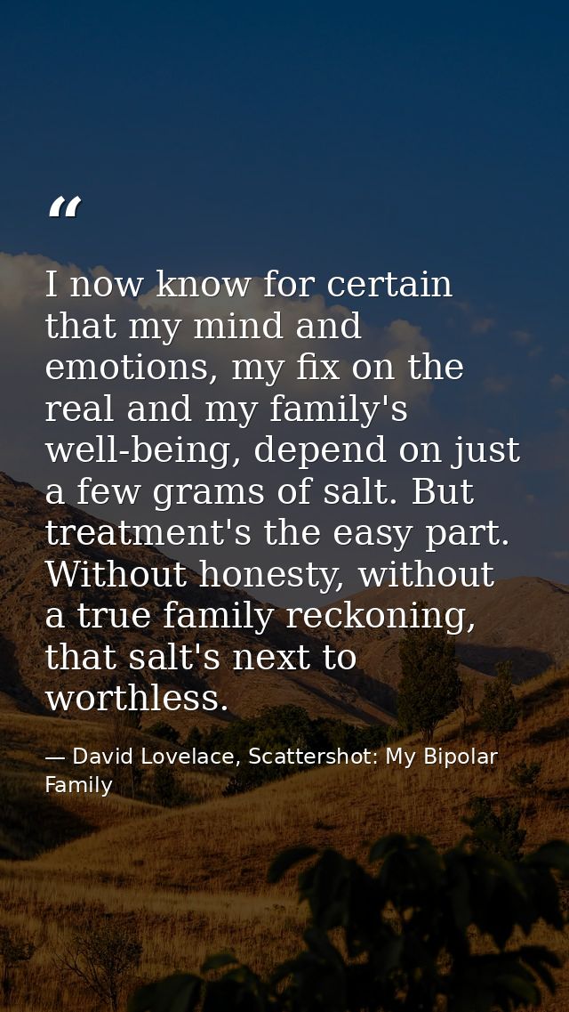 I now know for certain that my mind and emotions, my fix on the real and my family's well-being, depend on just a few gr — David Lovelace, Scattershot: My Bipolar Family