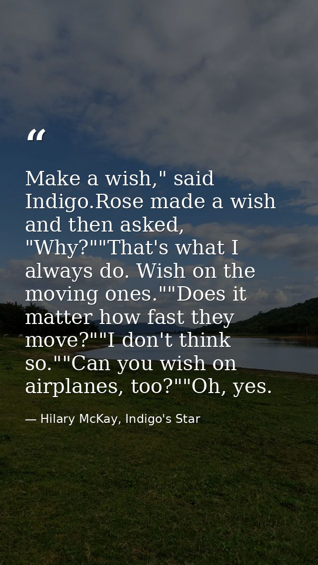 Make a wish," said Indigo.Rose made a wish and then asked, "Why?""That's what I always do. Wish on the moving ones.""Doe — Hilary McKay, Indigo's Star