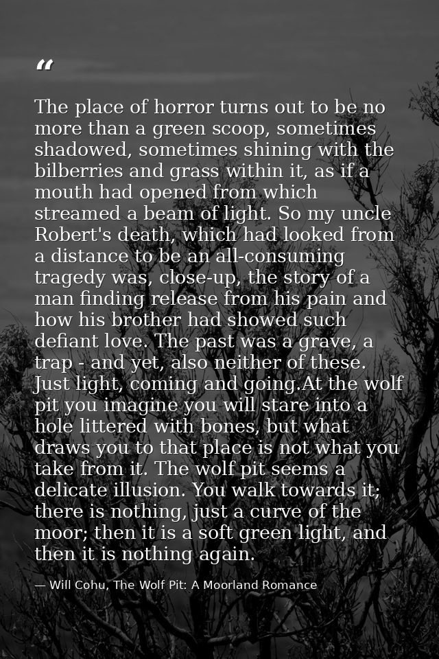 The place of horror turns out to be no more than a green scoop, sometimes shadowed, sometimes shining with the bilberrie — Will Cohu, The Wolf Pit: A Moorland Romance