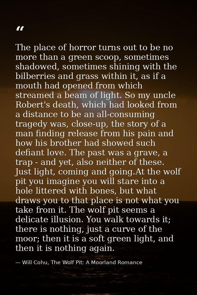 The place of horror turns out to be no more than a green scoop, sometimes shadowed, sometimes shining with the bilberrie — Will Cohu, The Wolf Pit: A Moorland Romance