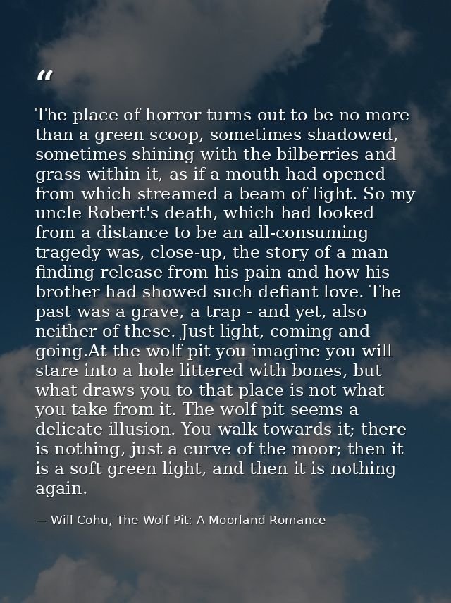 The place of horror turns out to be no more than a green scoop, sometimes shadowed, sometimes shining with the bilberrie — Will Cohu, The Wolf Pit: A Moorland Romance