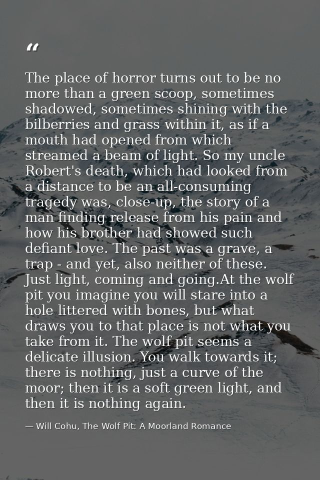 The place of horror turns out to be no more than a green scoop, sometimes shadowed, sometimes shining with the bilberrie — Will Cohu, The Wolf Pit: A Moorland Romance